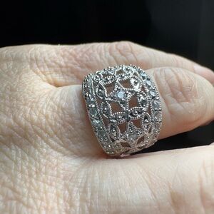 Vintage-Style Silver Tone Filigree Ring w/ Clear Stones | Statement Band Size 5